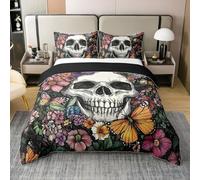 Bohemia Colorful 100% Cotton Duvet Cover Single Size,Horror Skull Bedding Set 2Pcs for Kids Girls Boys Room Decor,Butterfly Daisy Floral Comforter Cover Vintage Halloween Quilt Covers,1 Pillowcase