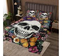 Bohemia Colorful Bedspread Single Size,Horror Skull Bedding Sets 2Pcs for Kids Girls Boys Room Decor,Butterfly Daisy Floral Comforter Set Vintage Halloween Quilt Coverlet,1 Pillowcase