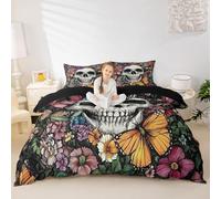 Bohemia Colorful Duvet Cover Double Size,Horror Skull Bedding Set 3Pcs for Kids Teens Adults Room Decor,Butterfly Daisy Floral Comforter Cover Vintage Halloween Quilt Covers,2 Pillowcases
