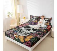 Bohemia Colorful Fitted Sheet Single Size,Horror Skull Bedding Set 2Pcs for Kids Girls Boys Room Decor,Butterfly Daisy Floral Bed Sheets Vintage Halloween Deep Pocket Sheet,1 Pillowcase