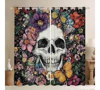 Bohemia Colorful Window Curtain,Horror Skull Privacy 30-50% Blackout Curtain for Window Butterfly Daisy Floral Shade Windows Covering for Bedroom Vintage Halloween Drapes 2 Panels,66Wx90L
