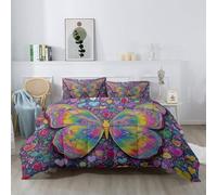 Bohemia Coverless Duvet Single, Colorful Butterflies Heart Shaped Reversible Machine Washable Coverless Duvet Set with 2 Pillowcases, 7.5 Tog Colorful Soft Lightweight Comforter Bedding 135 x 200 cm