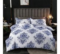 Bohemia Duvet Cover Set 3 Pieces, Treer Single Double King Bedding Set Folk-Custom Microfiber Soft Duvet Set with Zipper Closure Quilt Case and 2 Pillowcases (Blue White,220x230cm)