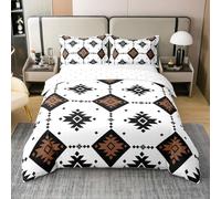 Bohemia Geometric Checker Bedding Set Boys Girls Tribal Aztec Duvet Cover Boho Exotic Comforter Cover White Black Brown Kids Bedroom Decor 3Pcs Double 100% Cotton,No Comforter