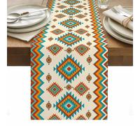 Bohemia Geometric Table Runner 13 x 60 Inch, Western Teal Orange Beige Aztec Ethnic Washable Cotton Linen Dining Table Runner Tabletop Decorations for Restaurant Home Kitchen Party