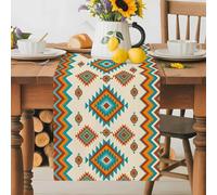 Bohemia Geometric Table Runner 13x48 Inches Long Western Teal Orange Beige Aztec Ethnic Cotton Linen Table Runner Burlap Style for Dinner Table Party Decor Tabletop Decorations