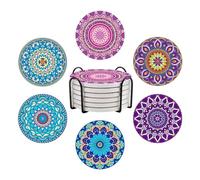 Bohemia Mandala Ceramic Coasters, Set of 6 Drink Coasters, with Metal Holder, Absorbent Round Non-Slip Drink Mug Cup Coaster Housewarming Room Bar Fashion Decoration Gift