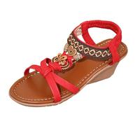 Bohemia Sandals Women's Rhinestone Sandals Elegant Flat Shoes Sandals Leisure Flat Sandals with Rhinestone Beads Beach Shoes Casual Ankle Elastic Flip Flops Slippers Indoor / Outdoor Slippers, red, 4