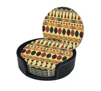 Bohemia Style Traditional African Pattern Print Round Leather Coasters - Set Of 6, Ultra-Fiber Pu Leather