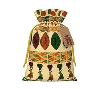 Bohemia Style Traditional African Pattern Printed Christmas Drawstring Bags with Yellow Christmas Ribbon - Reusable Burlap Drawstring Gift Pouches, M