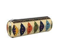 Bohemia Style Traditional African Pattern Printed Leather Pencil Case Cute Stationery Organizer Round Makeup Bag Pen Pouch, Silver Zipper