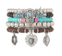 Bohemia Western Cowboy Turquoise Wood Beaded Stretch Bracelets Retro Multilayer Bull Cow Head Cactus Flower Stackable Bracelet for Women Men Ethnic Country Costume Jewelry Gifts, M, Resin, no gemstone