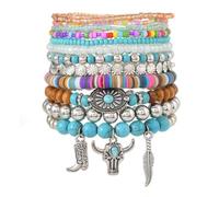 Bohemia Western Cowboy Turquoise Wood Beaded Stretch Bracelets Retro Multilayer Bull Cow Head Cactus Flower Stackable Bracelet for Women Men Ethnic Country Costume Jewelry Gifts, M, Resin, no gemstone