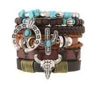 Bohemia Western Cowboy Turquoise Wood Beaded Stretch Bracelets Retro Multilayer Bull Cow Head Cactus Flower Stackable Bracelet for Women Men Ethnic Country Costume Jewelry Gifts, M, Resin, no gemstone