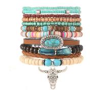 Bohemia Western Cowboy Turquoise Wood Beaded Stretch Bracelets Retro Multilayer Bull Cow Head Cactus Flower Stackable Bracelet for Women Men Ethnic Country Costume Jewelry Gifts, M, Resin, no gemstone