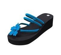 Bohemia Women's Pinch Toe Wedge Flip Flops for Flower Arch Support Platform Clip Toe Slippers Soft No-Slip Mid-sole Cushion Comfortable Summer Beach Pools Walking Thong Sandals (Blue, 5.5)