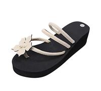 Bohemia Women's Pinch Toe Wedge Flip Flops for Flower Arch Support Platform Clip Toe Slippers Soft No-Slip Mid-sole Cushion Comfortable Summer Beach Pools Walking Thong Sandals (Beige, 5.5)
