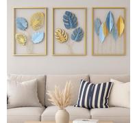 Bohemian 3D Metal Leaf Wall Art Set of 3 | Boho Hallway Wall Hanging Home Decor for Farmhouse Living Room, Office, Bedroom, Indoor, Outdoor | Large Modern Minimalist Gold Metal Wall Sculptures(16x11")