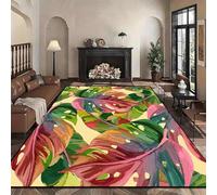 Bohemian Area Rug, 160x200cm Vintage Green Pink Leaf Plant Pattern Carpet, Non-Slip Washable Washable Indoor Decorative Rugs, Tropical Palm Leaves and Monstera Print Rugs for Living Room and Bedroom
