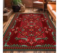 Bohemian Area Rug, 180x260cm Vintage Distressed Country Style Red Floral Green Grass Plant Indoor Rugs Mat, Washable Non-Shedding Geometric Plaid Classic Carpet for Office, Living Room, Dining Table