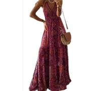 Bohemian Beach Dress for Women, Elegant Summer Sleeveless Sling Maxi Dress, Slim Fit V Neck Backless Plus Size Floral Swing Robes, Ladies Casual Boho Vestidos for Vacation (red Wine,XXL)