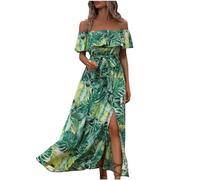 Bohemian Beach Dress for Women UK Elegant Off Shoulder Summer Boho Maxi Dresses Ruffle Vintage Floral Bandeau Sundress Holiday Flowy Loose Swing Long Dresses for Evening Night Out Green