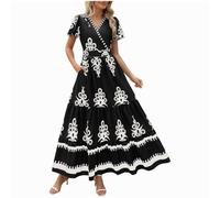 Bohemian Beach Dress for Women UK Elegant Summer Boho Maxi Dresses Ruffle Short Sleeve V Neck Vintage Floral Dress Holiday Flowy Loose Swing Long Dresses for Evening Night Out Black
