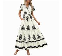 Bohemian Beach Dress for Women UK Elegant Summer Boho Maxi Dresses Ruffle Short Sleeve V Neck Vintage Floral Dress Holiday Flowy Loose Swing Long Dresses for Evening Night Out Beige