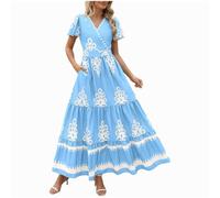 Bohemian Beach Dress for Women UK Elegant Summer Boho Maxi Dresses Ruffle Short Sleeve V Neck Vintage Floral Dress Holiday Flowy Loose Swing Long Dresses for Evening Night Out Light Blue