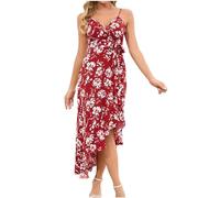 Bohemian Beach Dress for Women UK V Neck Spaghetti Strap Maxi Dresses Sexy Sleeveless Floral Sundress Summer Boho Swing Long Chiffon Dress Wedding Guest Outfits Red