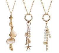 Bohemian Beach Hanging Car Decor Set - lyfLux Seashell Pendant with Pearl & Starfish Charms, Gold Chain Accessories for Rear View Mirror, Bag, Backpack, Room or Desk Decoration