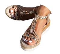 Bohemian Beach Sandals for Women 2026 Summer Casual Wedge Sandal Elastic Ankle Strap Flip Flops Open Toe Jeweled Rhinestone Flatform Sexy Sandals Dressy Comfortable Vacation Shoes