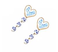 Bohemian Blue Ceramic Heart Drop Earrings for Women Handmade Enamel Dangle Earrings Multicolor Beaded Tassel Earrings Vintage Floral Jewelry Fashion Accessories 9.7 CM