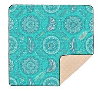 Bohemian Blue-Green Patterns Soft Padded mat for Baby to Play on Floor for Indoor Outdoor Non-Toxic Foldable Padded Baby Mat for Baby Kids Toddlers Infants, 50'' x 50''tapete Piano para Bebes