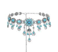 Bohemian Blue Stone Belly Chains for Women Vintage Metal Coin Tassel Flower Bikini Dance Waist Body Chain Party Jewelry