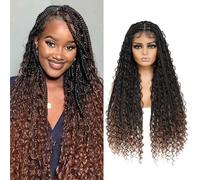 Bohemian Boho Box Braid Wig - Knotless Goddess Locs With Curly Ends, Double Full Lace Square Synthetic Dark Brown With Baby Hair for Women (36 Inch, 1B/30)