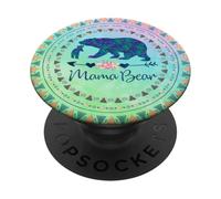 Bohemian Boho Mama Bear with one baby cub on pink green blue PopSockets Adhesive PopGrip