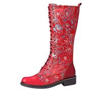 Bohemian Boots For Women Floral Embroidered Vintage Boots Lace Up Low Block Heels Riding Boot Elegant Round Toe Mid Wide Calf Long Shoes Anti Slip Wedding Party Shoes Ladies Cowgirls Boot