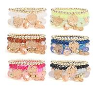 Bohemian Bracelet Sets for Women - 6 Sets Stackable Stretch Bracelets Multi-color Boho Jewelry for Women Hippie Bracelets Dainty Jewelry Best Friend Gift, 7.2 inches, Plastic