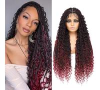Bohemian Braided Wigs Boho Box Braid Wigs Knotless Goddess Locs with Curly Ends Double Full Lace Square Synthetic Light Brown with Baby Hair for Woman (36 Inch,1B/BUG)