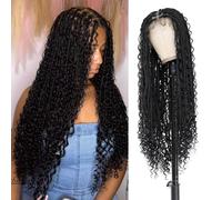 Bohemian Braided Wigs - Boho Box Braid Wigs with Curly Ends, Double Full Lace, Synthetic, Knotless Goddess Locs, 36 Inch, Natural Black