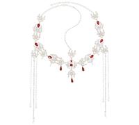 Bohemian Bridal Hair Accessory For Wedding, Elegant Tassel Headband With Crystal Diamante, Pearl Chain & Red Water Drop Gem For Marriages And Formal Occasions
