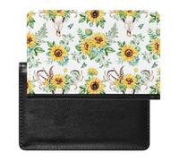 Bohemian Bull Skull With Feathers Yellow Sunflowers Green Leaves Women's Passport Protector, Men's Passport Protector, PU Travel Passport Protector for Women Men Worker 5.8 x 3.9 x 0.4 inch