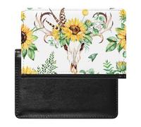 Bohemian Bull Skull With Feathers Yellow Sunflowers Green Leaves Women's Passport Protector, Men's Passport Protector, PU Travel Passport Protector for Women Men Worker 5.8 x 3.9 x 0.4 inch