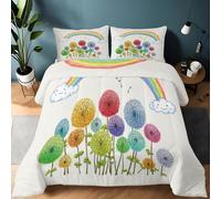 Bohemian Cartoon Rainbow Flowers Double Duvet, Multicolored Lightweight Comforter Soft Breathable Quilt Reversible Bedding - Washable All Season Duvet 200 x 220 cm for Boys Girls Teenagers Adults