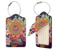 Bohemian Colored Flower Luggage Tag for Suitcase PU Leather Suitcase Tag with Stainless Steel Loop and Address Card Baggage Tags Cute Bag Name Travel Tags ID Labels for Women Men 4 PCS