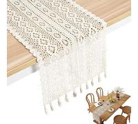 Bohemian Cotton Crochet Table Runner - 25x180cm Lace Table Cover with Tassels, Beige Macramé Wedding Decor, Elegant Boho Bridal Tablecloth for Rustic & Vintage Celebrations
