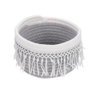 Bohemian Cotton Rope Desktop Storage Basket for Sundries and Bread | Tassel Woven Design, Grey Tall Profile, Space Saving Organiser for Dressing Tables, Entryway Surfaces and Bathroom Essentials