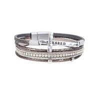 Bohemian Cross Layered Bracelet for Women Multilayer Leather Bracelet Rhinestones Beads Wrap Cuff Bangles with Magnetic Buckle Mens Faith Wristbands Jewelry Gifts Gray 19.5Cm