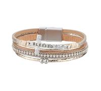 Bohemian Cross Layered Bracelet for Women Multilayer Leather Bracelet Rhinestones Beads Wrap Cuff Bangles with Magnetic Buckle Mens Faith Wristbands Jewelry Gifts Khaki 19.5Cm